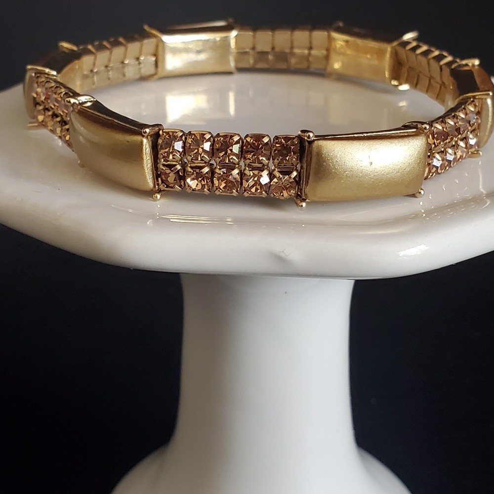 Vintage Monet Amber Rhinestone Brushed Gold Stretch Tennis Bracelet‎ 80's